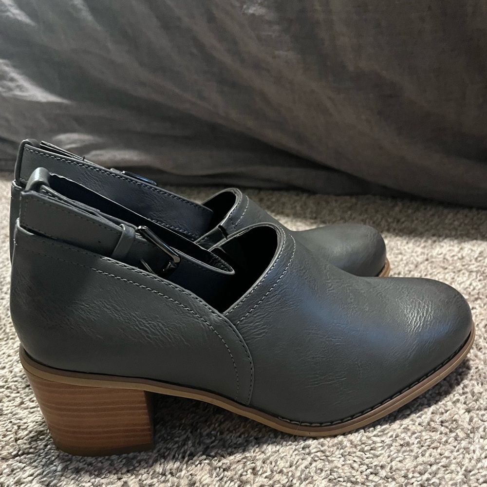 Grey ankle strap heels